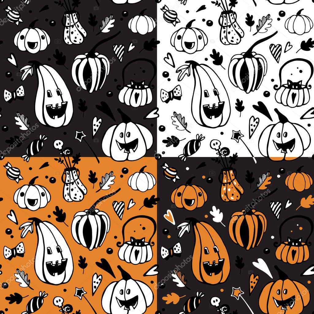 Set of halloween seamless patterns with different pumpkins. Vector seamless background. Endless texture can be used for wallpaper, surface textures, web page background.