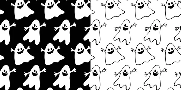 Halloween Seamless Background Funny Ghosts Seamless Vector Black White Patterns — Stock Vector