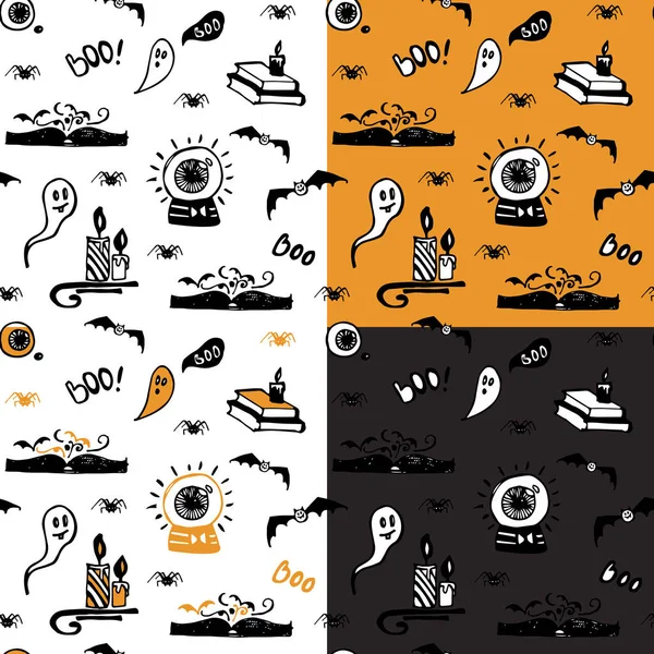 Set Modelli Senza Cuciture Halloween Con Fantasmi Ragni Pipistrelli Libri — Vettoriale Stock