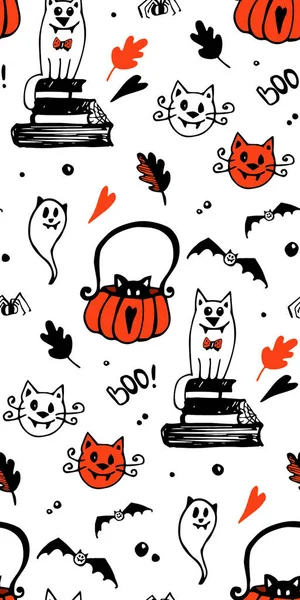 Halloween Bezproblémovou Vektorové Pozadí Kočky Netopýři Pavouci Černé Oranžové Barvy — Stockový vektor