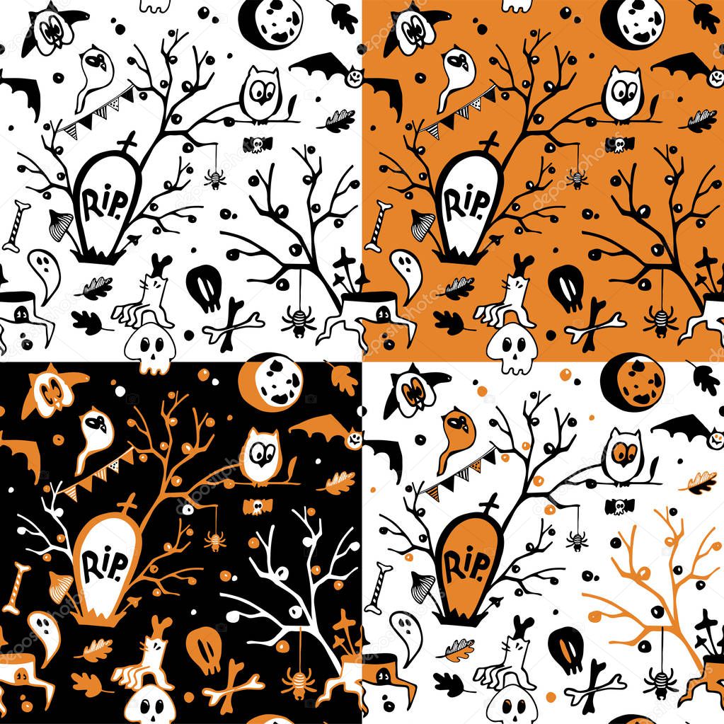 Set of halloween vector seamless patterns with owls, ghosts, bats, spiders, skulls and trees.