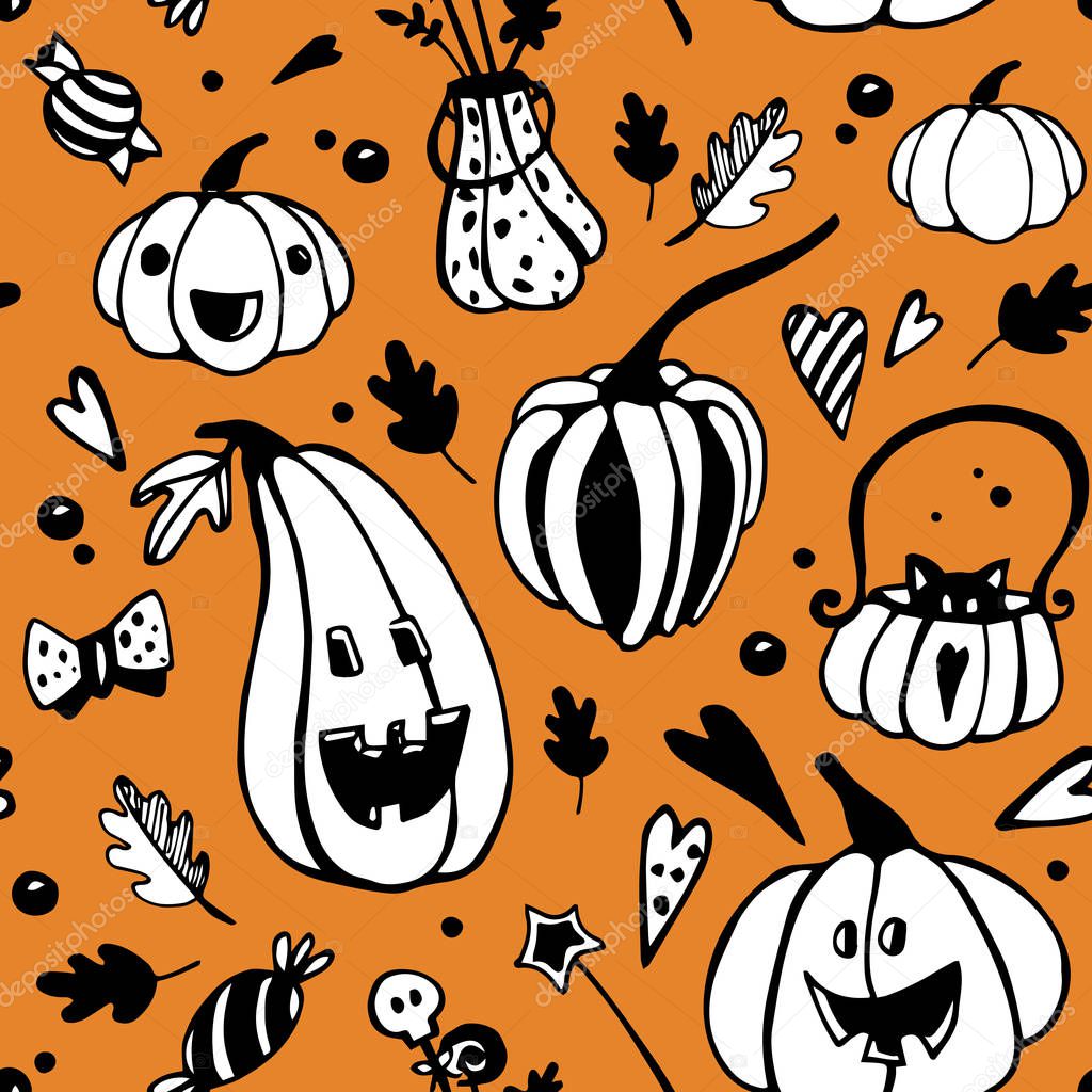 Halloween seamless pattern with different pumpkins. Vector seamless background