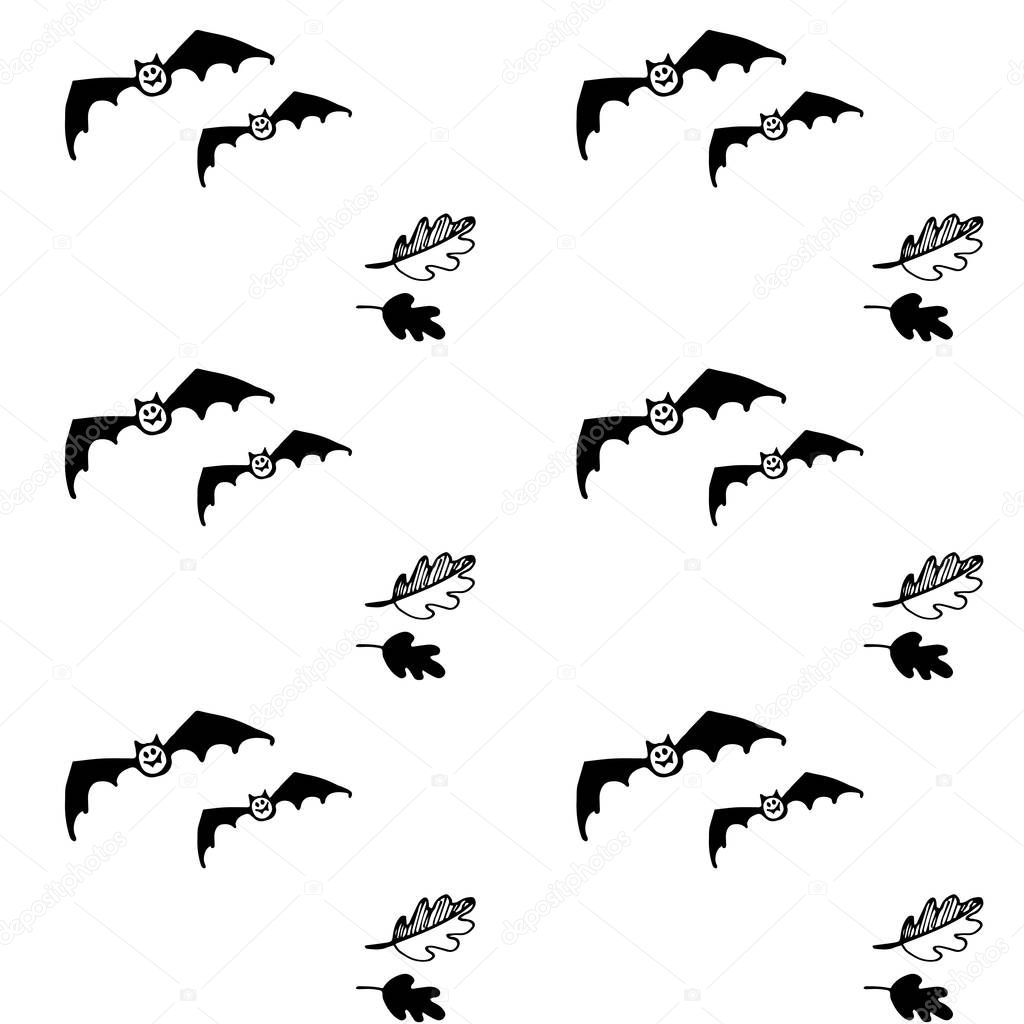 Halloween seamless black and white vector pattern with bats and leaves. Good for packaging design, halloween packaging paper, thematical background.