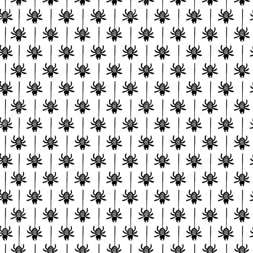Seamless black and white vector pattern with spiders. Seamless background for halloween. Good for packaging design, halloween packaging paper, thematical background