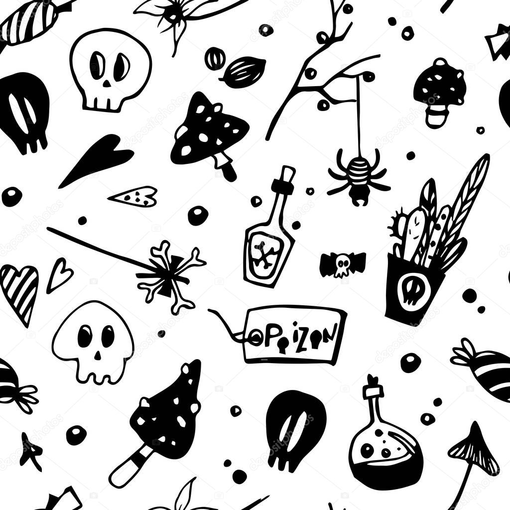 Halloween seamless black and white pattern with poisonous elements: spiders, skulls, mushrooms. Seamless background. Seamless pattern for children colouring