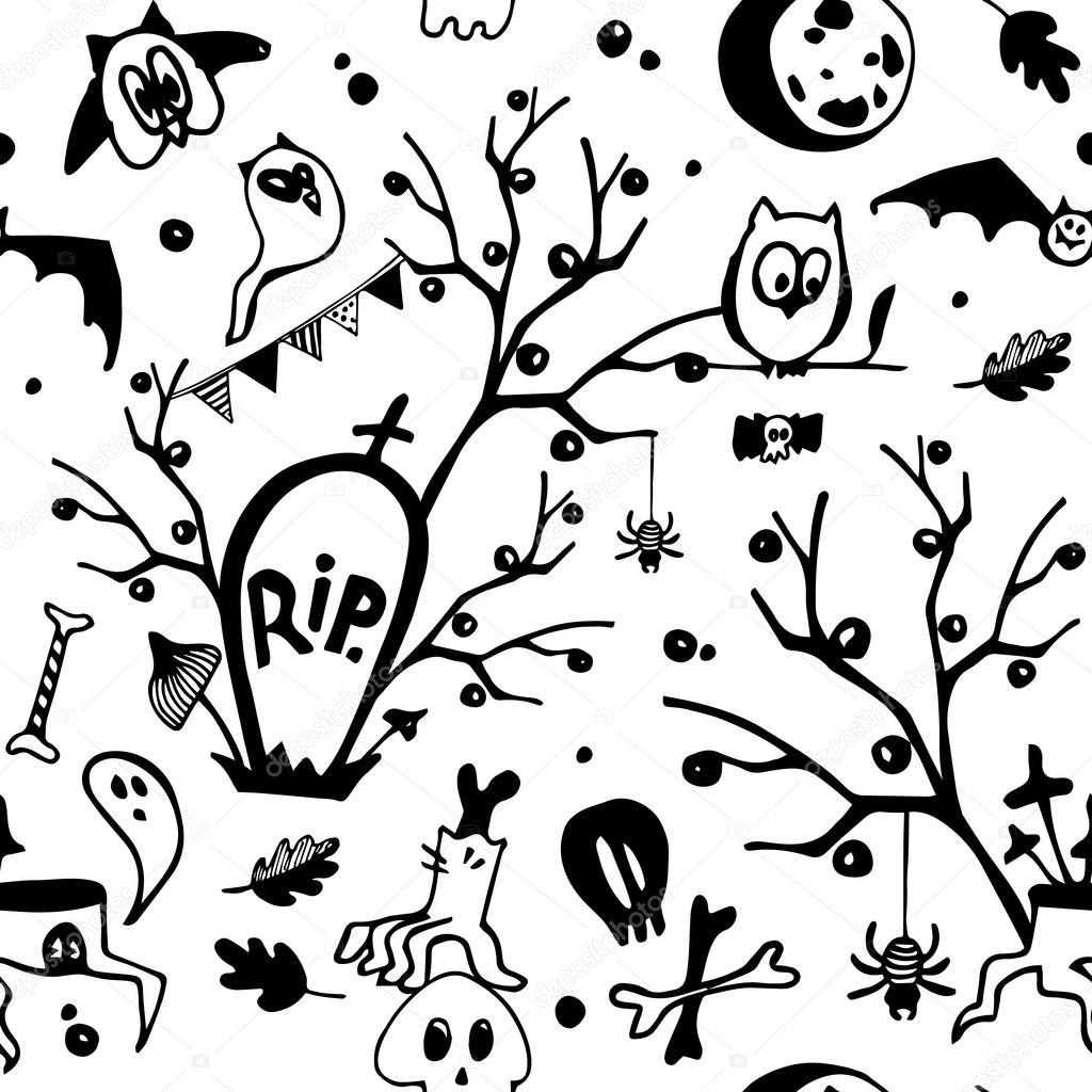 Halloween vector black and white seamless pattern with owls, ghosts, bats, spiders, skulls and trees. Can be used as colouring seamless page for children