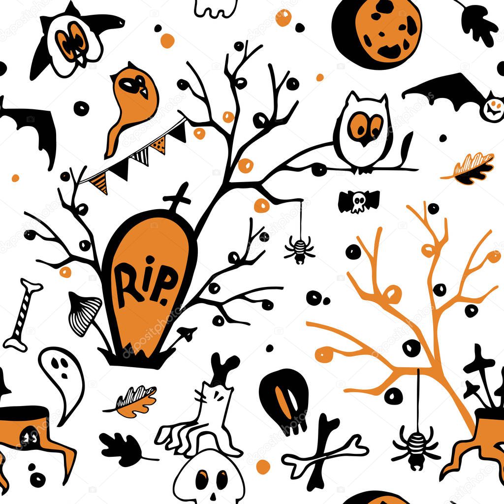 Halloween seamless vector background with owls, ghosts, bats, spiders, skulls and trees. Halloween semless pattern