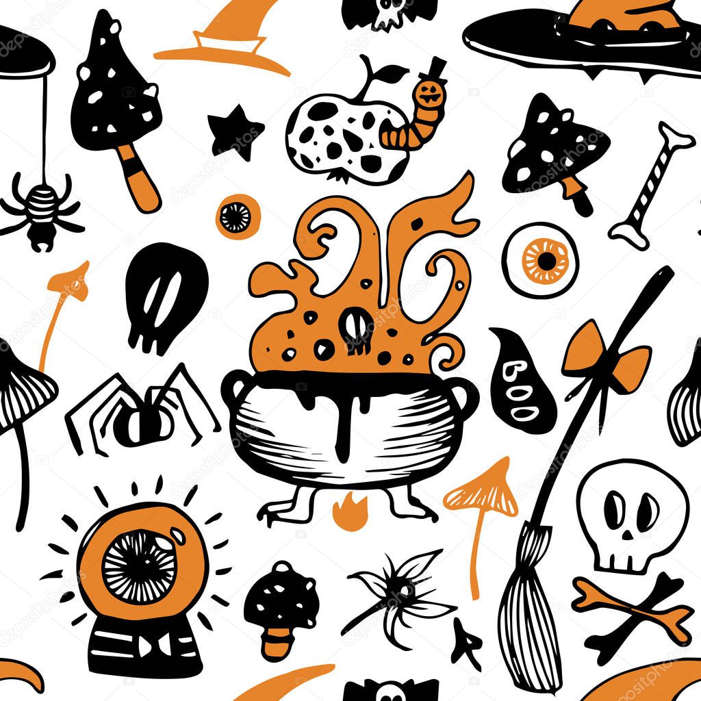 Halloween seamless vector background with witch elements: poisonous mushrooms, hats, spiders, skulls, bones, witch broom, cauldron with potion.