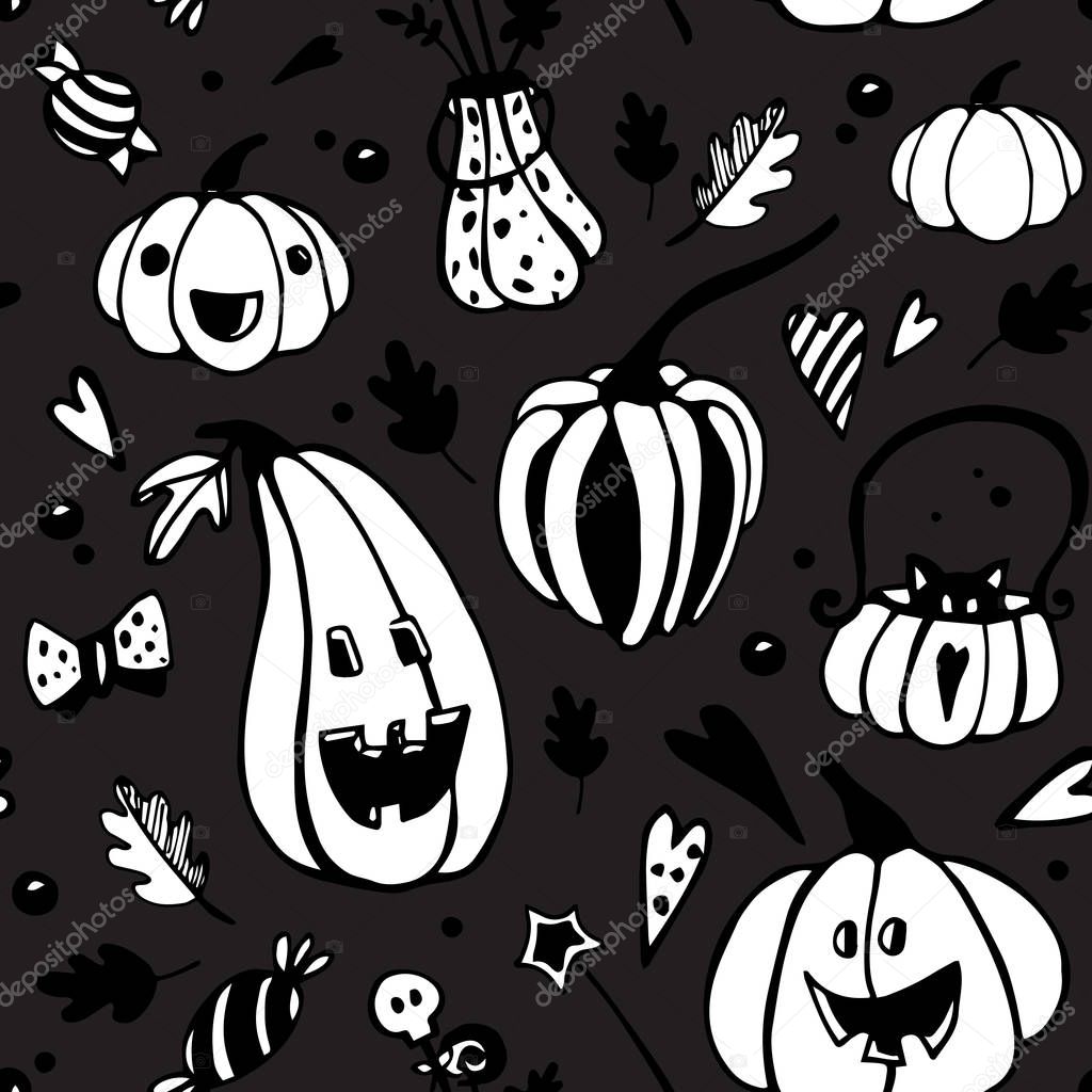 Halloween seamless vector pattern with different pumpkins. Good for packaging design, halloween packaging paper, thematical background
