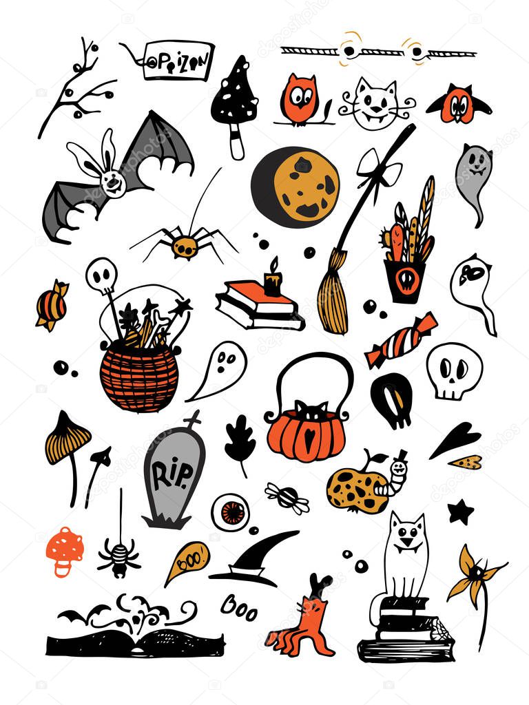 Big vector colorful set with Halloween elements, including pumpkins, mushrooms, sweets, skulls, bats, poison, ghosts. Vector illustration. Good for cards, sticker sets, prints on fabric