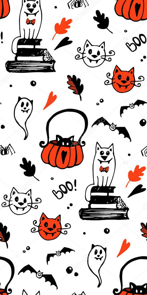 Halloween seamless vector background with cats, bats, spiders. In black and orange colors. Good for packaging design, halloween packaging paper, thematical background