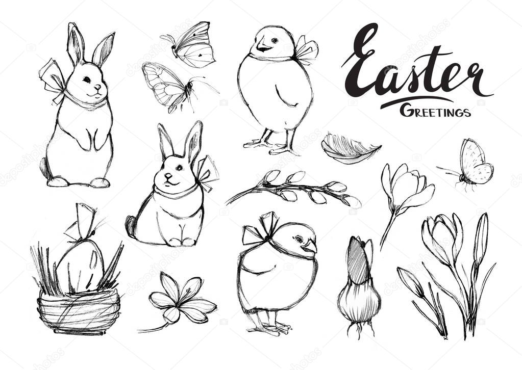 Set of hand drawn Easter elements