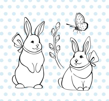 Vektör bunnies, verba brunch ve kelebek ile ayarlayın. Paskalya tavşanları