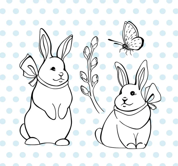 Vektor s králíčky, verba brunch a motýl. Velikonoční Zajíčci — Stockový vektor