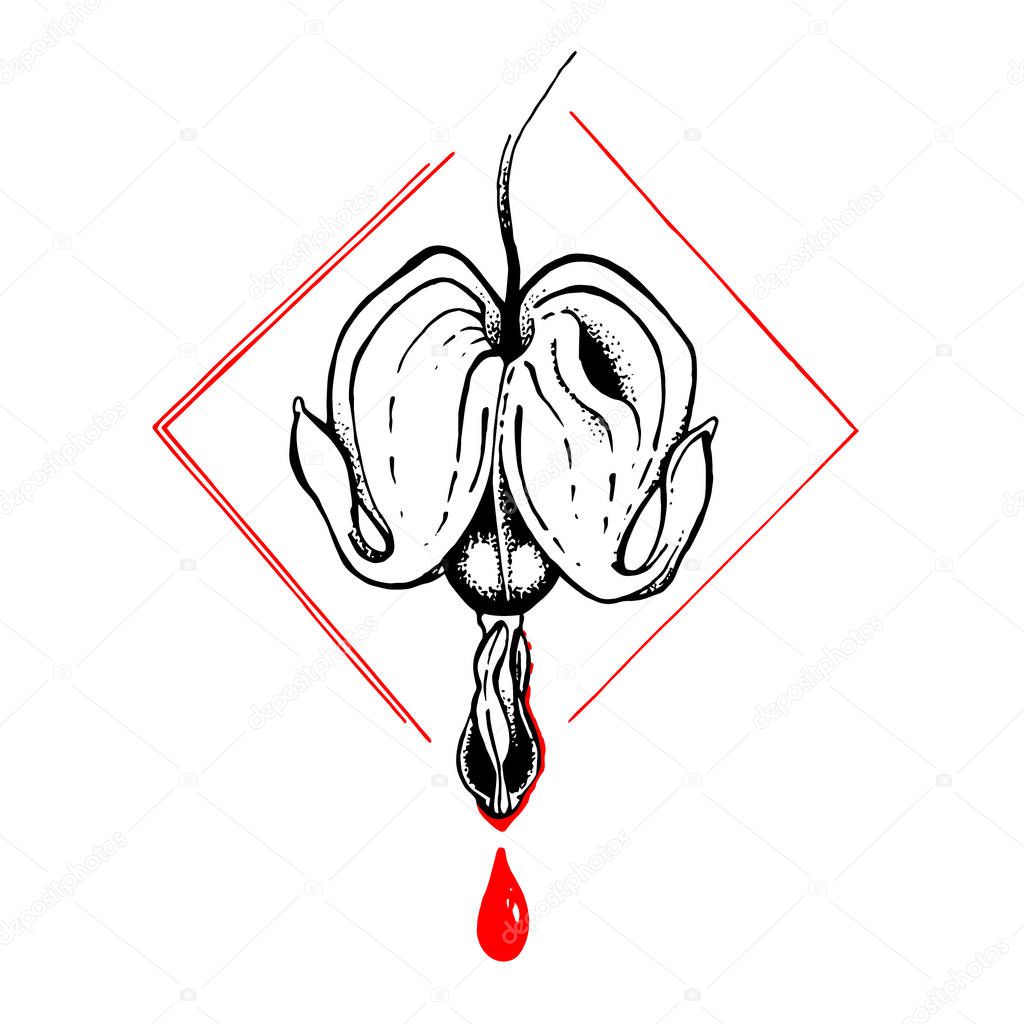 Bleeding broken heart flower with drop of blood. Vector illustration. Good for stickers, tattoo design, prints on t-shirts, fabric bags, sweatshirts, rucksacks, cards.