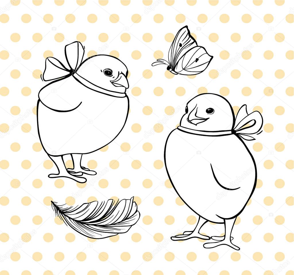 Vector set with chickens, feather and butterfly. Easter chickens