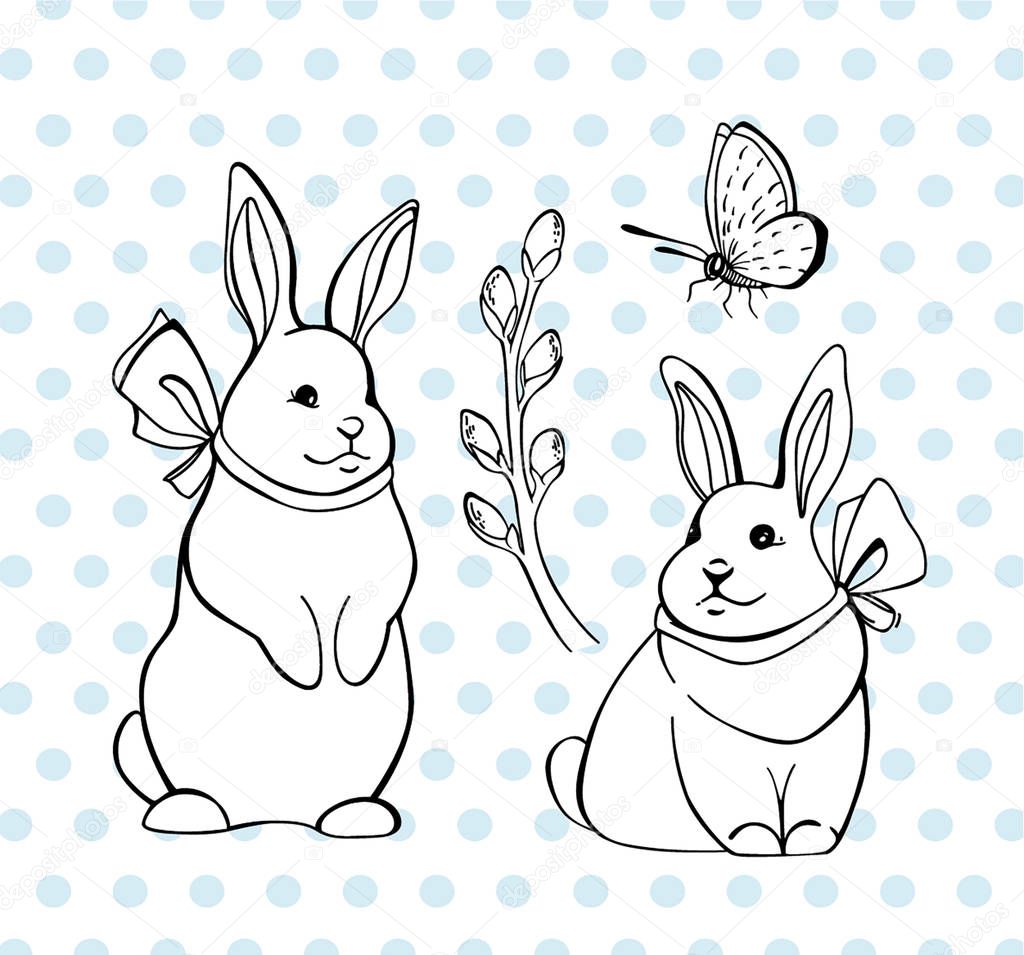 Vector set with bunnies, verba brunch and butterfly. Easter bunnies