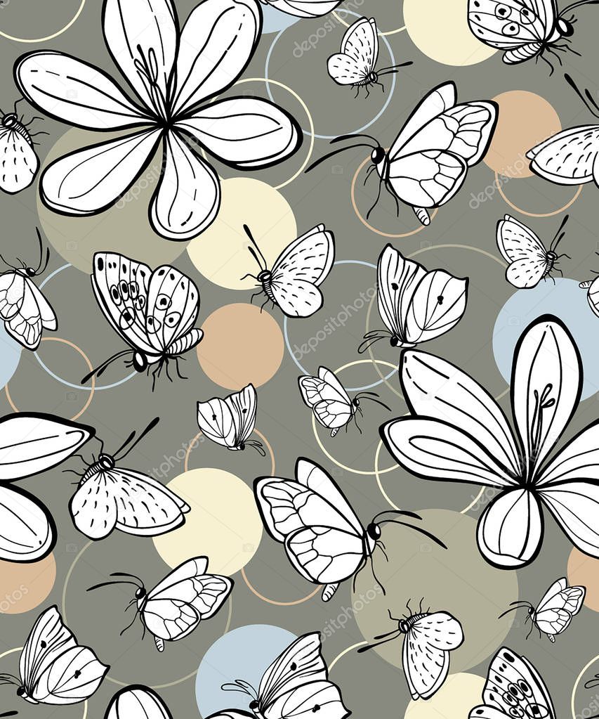 Seamless vector background with butterflies and crocus flowers