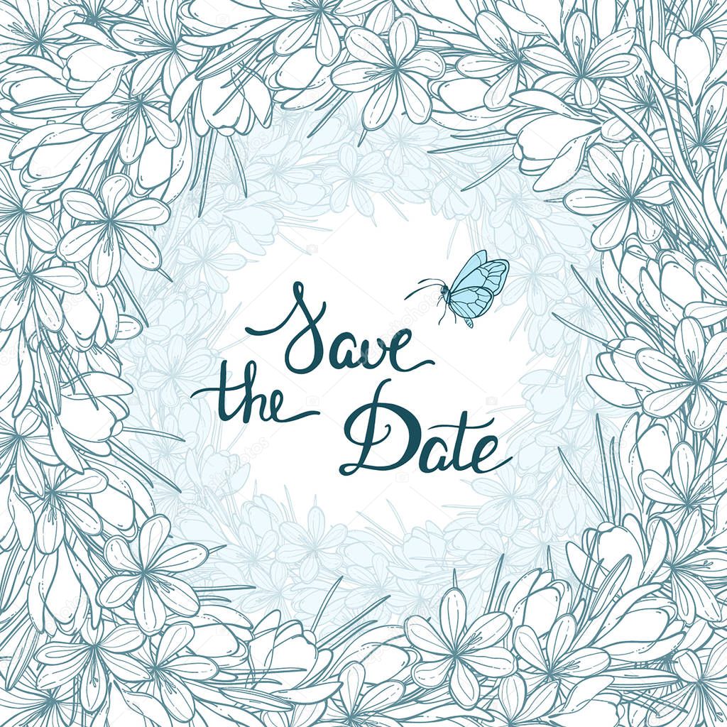 Vector floral botanical card design with crocus flowers and butterfly. Save the date template