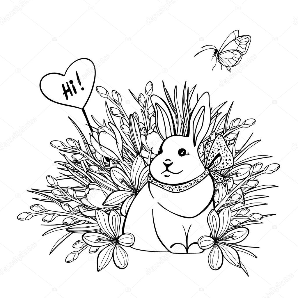Vector illustration of cute bunny in branches of verba and crocus flowers. Greeting card. Antistress coloring page. Easter bunny