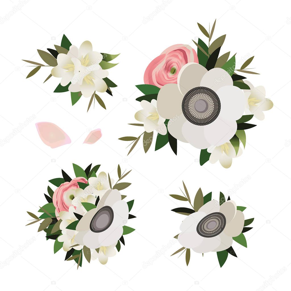 Vector set of decorati flowers. Perfect for wedding design, greeting cards, birthday and mothers day cards. Vector floral illustration isolated on white background.