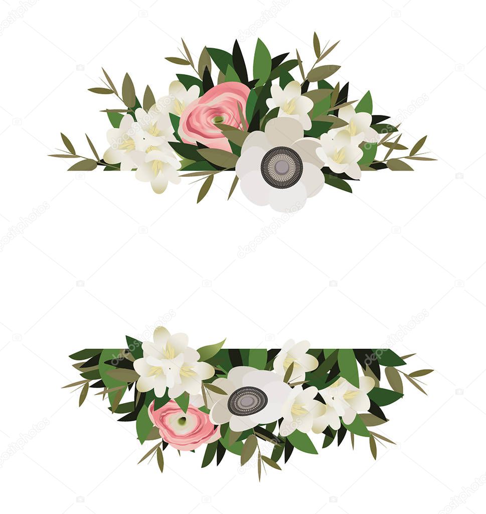 Vector banner with decorative spring flowers for wedding invitations, greeting cards, wedding design. 