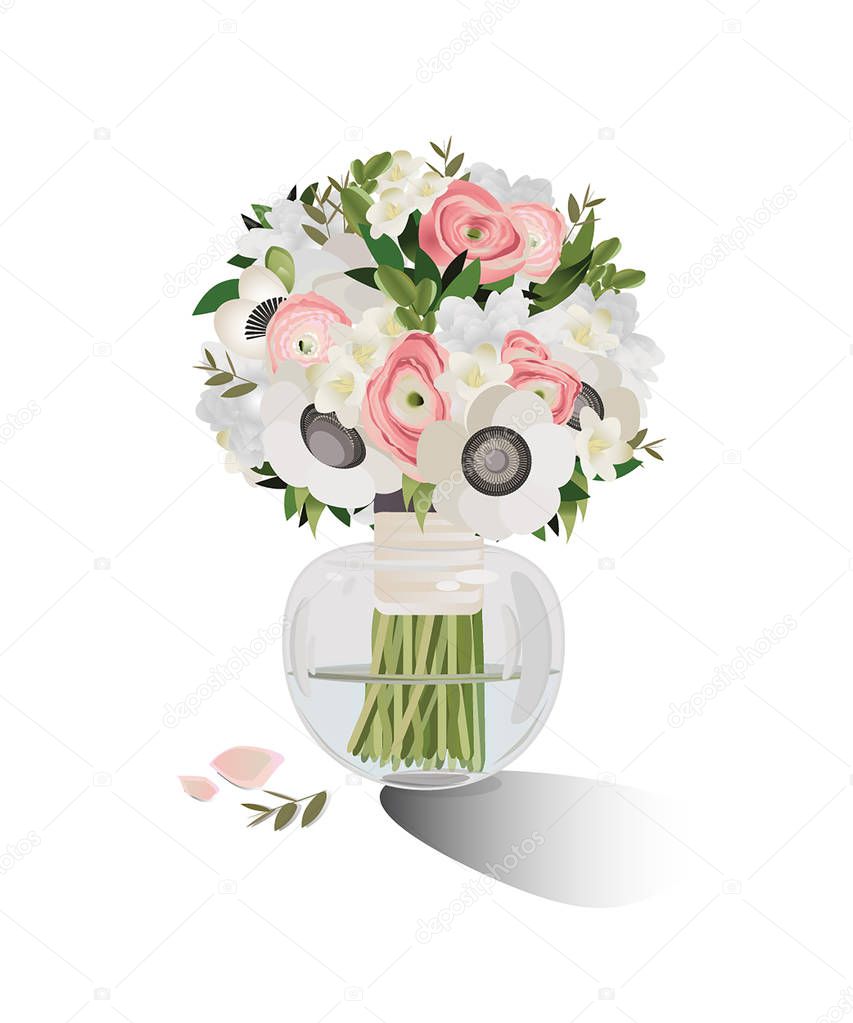 Flowers in vase on white background good for mothers day, womens day, greetings