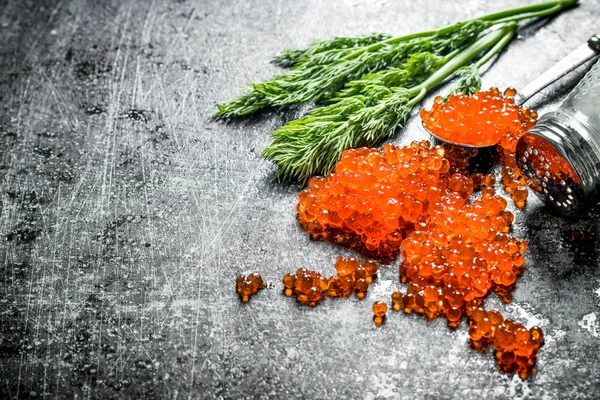 Grains of red caviar with salt and dill.