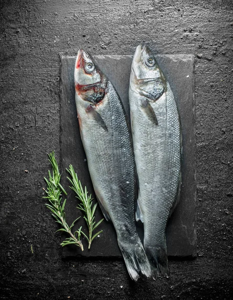 Fresh raw fish on a stone Board with rosemary.