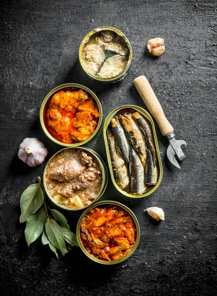 Canned food in various open cans with garlic cloves and Bay leaf.