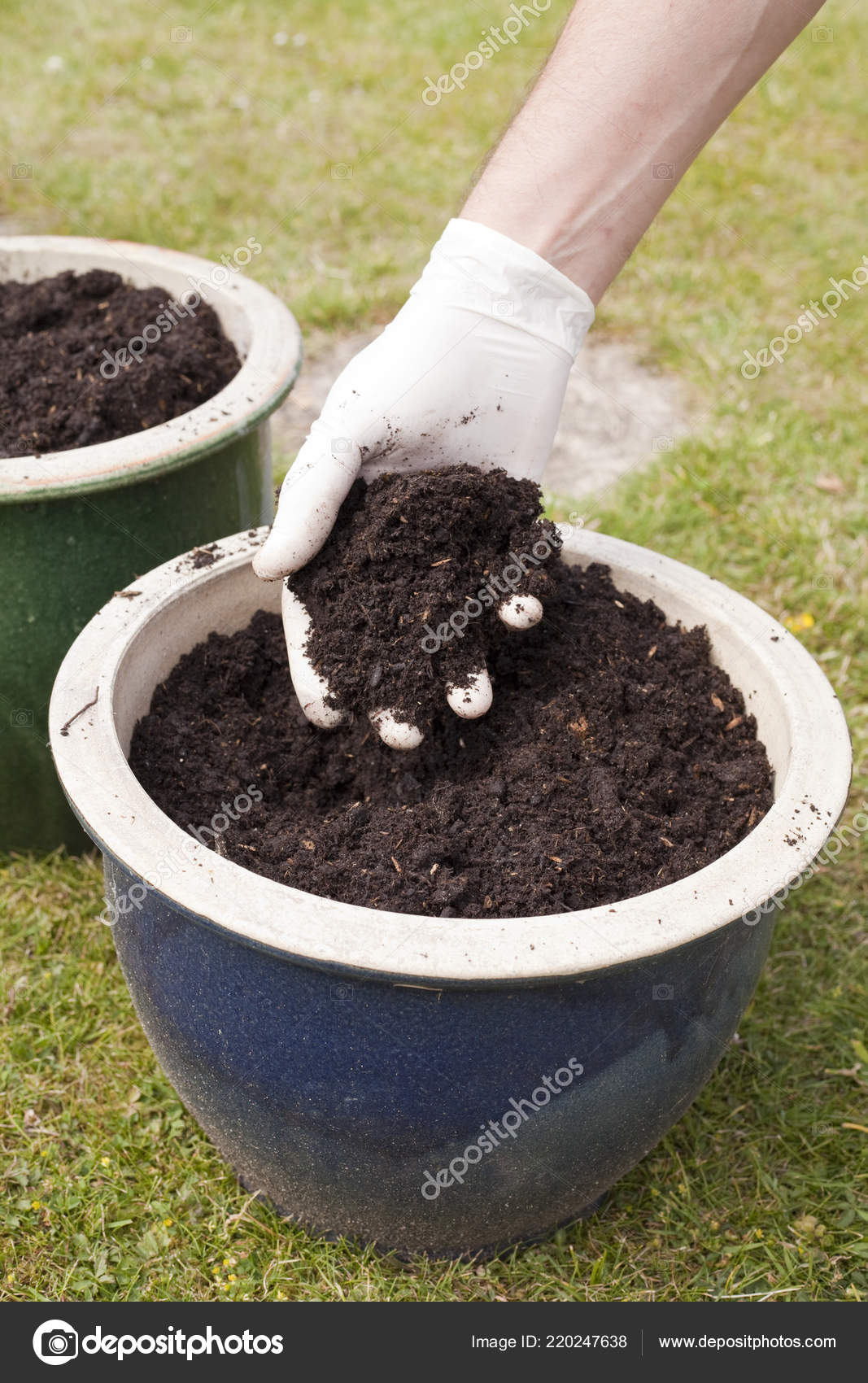 Preparing Garden Pots Planting Gardener Adding Soil Garden Pot