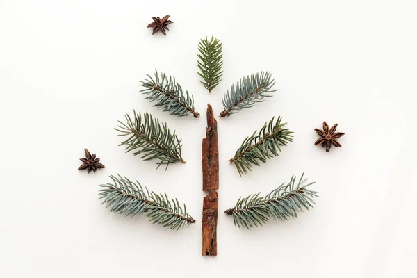 Christmas Concept Christmas Tree Made Fir Branches Cinnamon Anise Stars — Stock Photo, Image