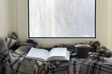 Kupası, kitap, gri kareli ve kitap önden görünüm pencere eşiğinde. Kopya alanı