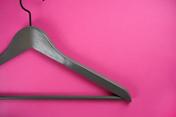 Empty Gray Clothes Hanger Bright Pink Background Flat Lay Top — Stock Photo, Image