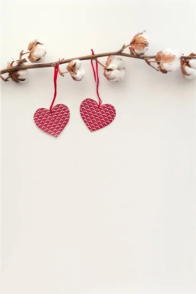 Dried Cotton Branch Two Red Paper Hearts Valentine Day Conception — Stock Photo, Image