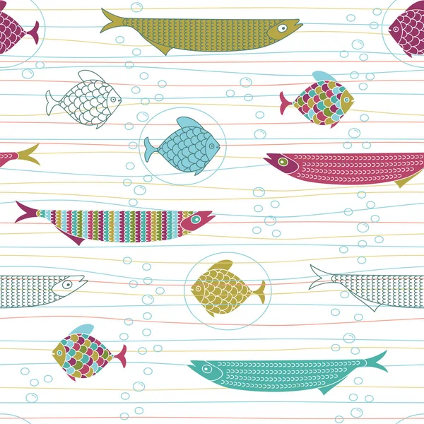 Modèle sans couture avec de jolis poissons dessinés à la main, des rayures et des boisseaux d'air — Image vectorielle