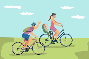 Açık havada motosiklet sürme kask mutlu aile vektör Illustration.