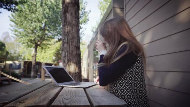 Vrouw te typen op een laptop in de buitenlucht — Stockvideo