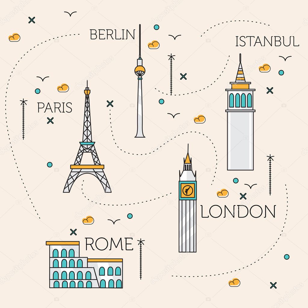 Thin line city, Istanbul, Paris, Berlin, Rome Print