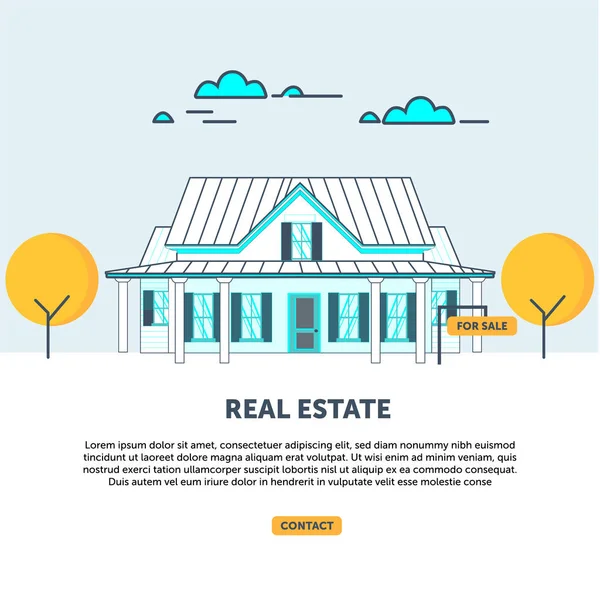 Casas Ilustração Vetorial Vista Frontal Townhouse Para Imóveis Contorno Azul — Vetor de Stock
