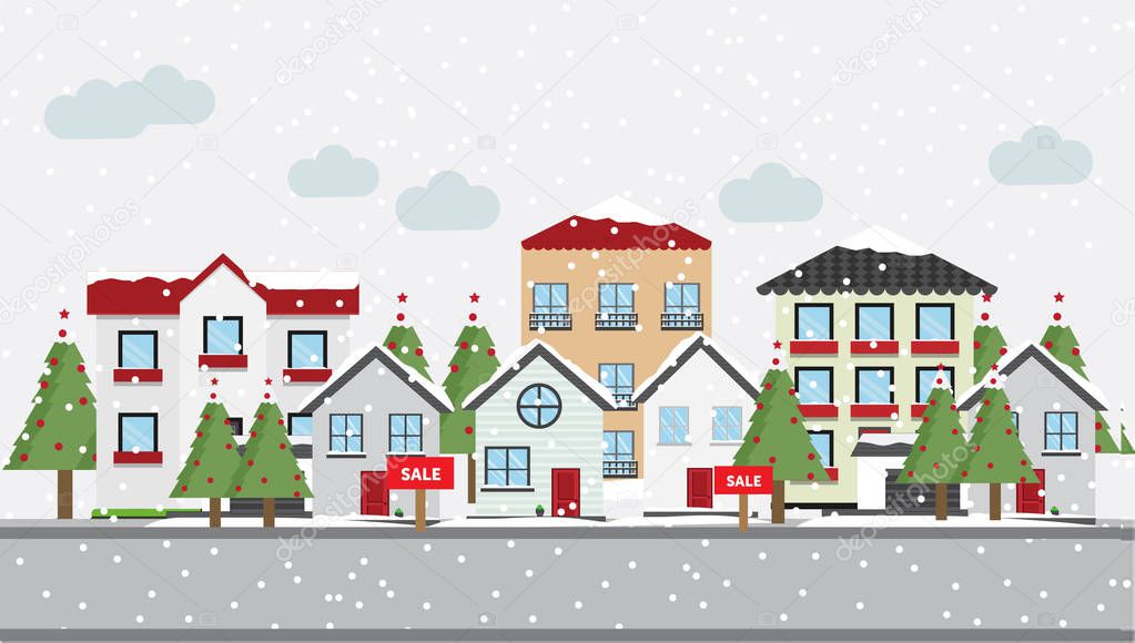 Houses vector illustration front view Townhouse for real estate snowy day