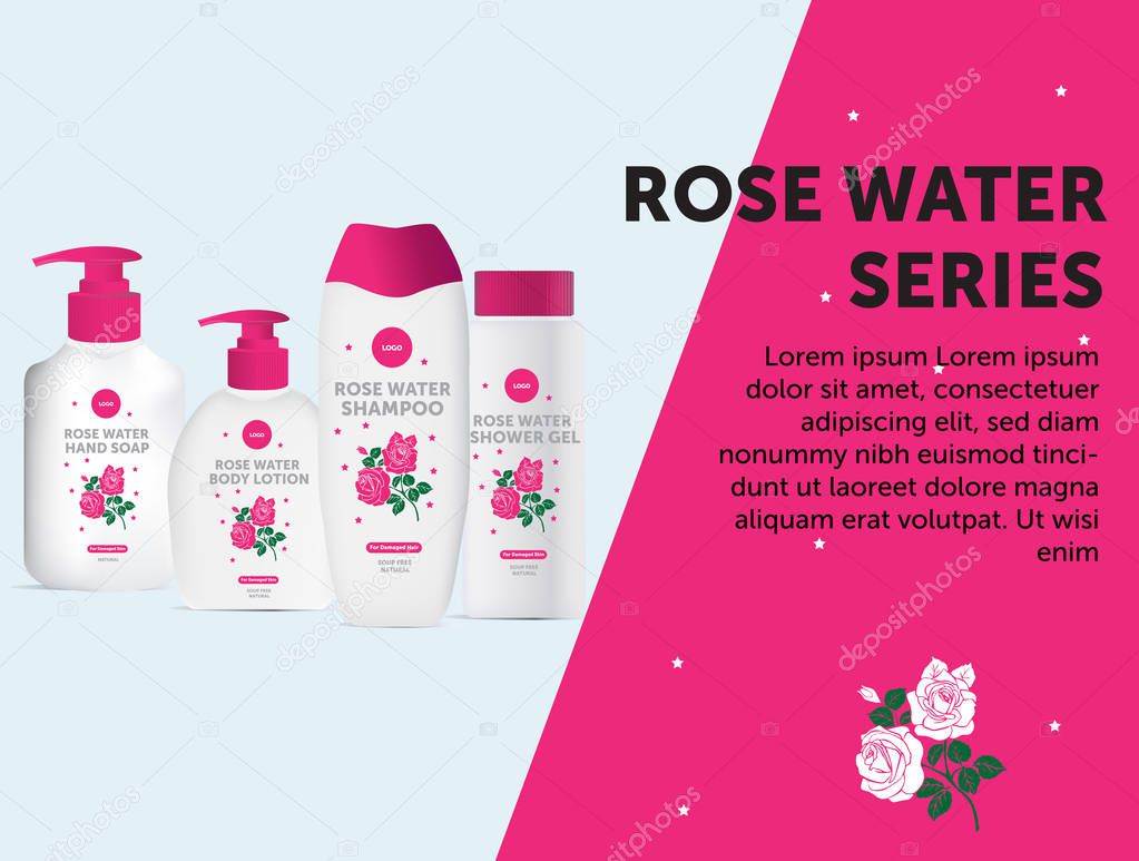 rose water packaging series ,pink and white style illustration and text frame