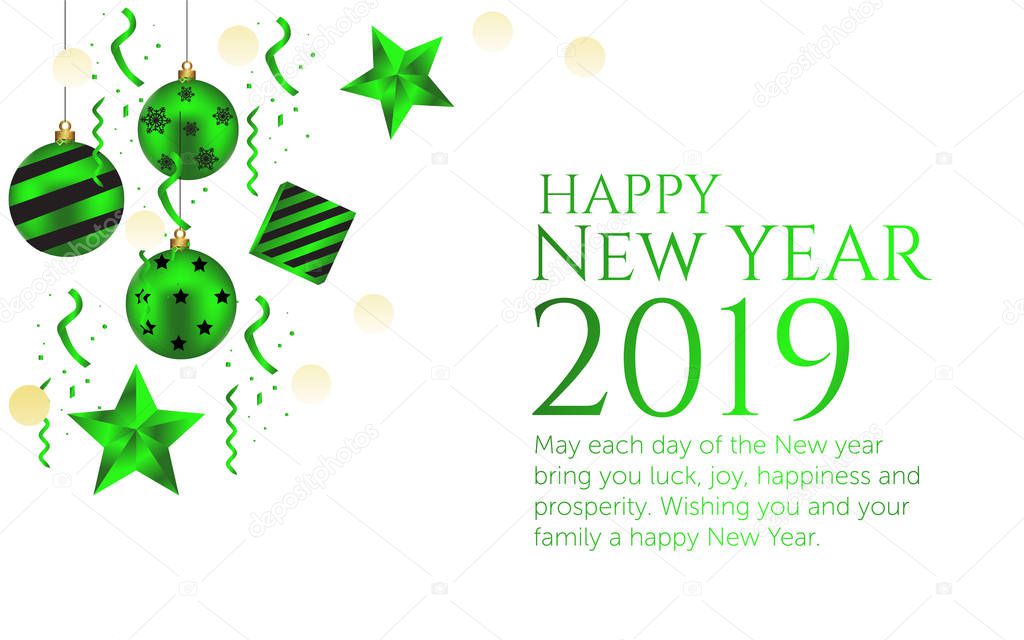 happy new year 2019 white background and green, black colors wish card.