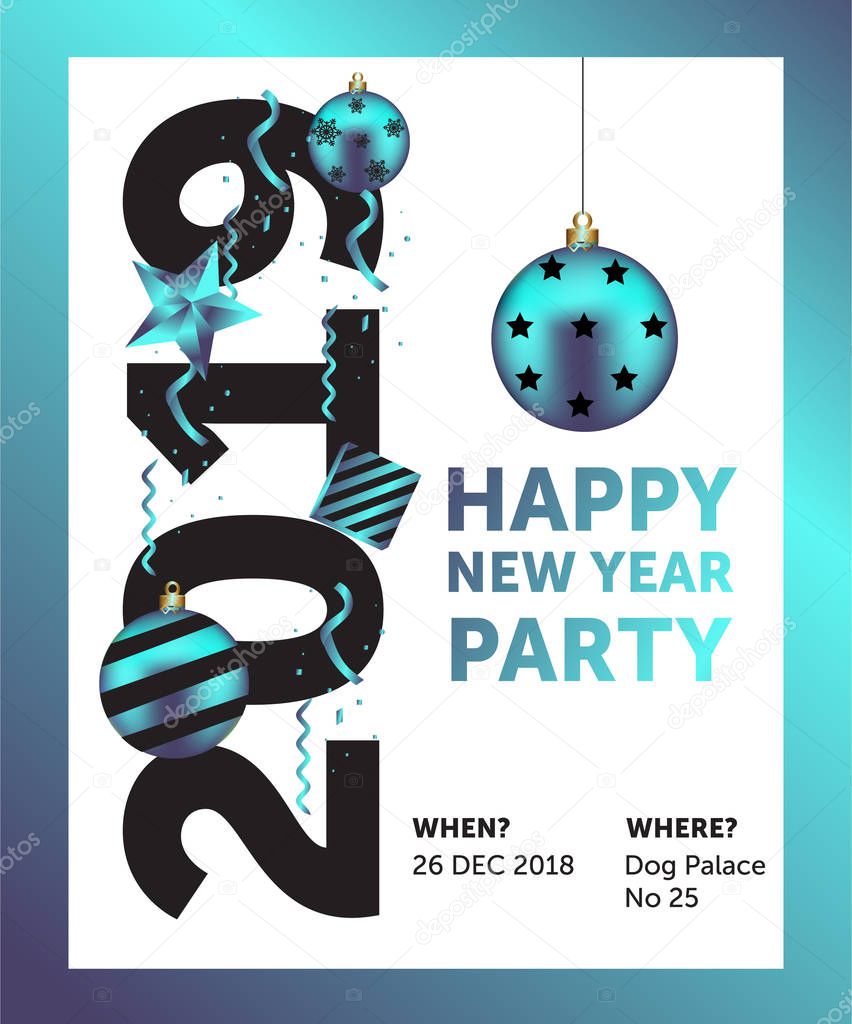 vector illustration of happy new year 2019 Blue and bright color. balls star, gift pack  and confetti
