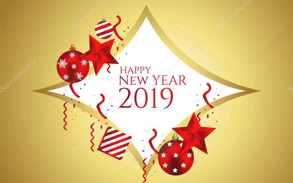 Happy new year 2019 gold background frame design with christmas ball and gift pack