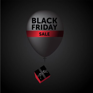 Balon ve giftpack ile vektör siyah Cuma satış düzeni. Alışveriş, mockup, afiş, fikir, baskı, el ilanı, boş, kartı, reklam, işaret, poster, rozet.