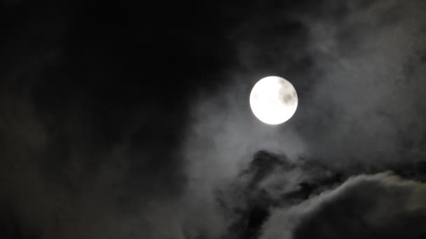 Lune dans un ciel nocturne nuageux. Gros plan vidéo 4k 