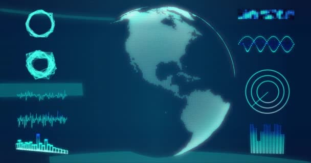 青いHudインターフェイス3Dレンダリングで回転する未来的な輝く地球惑星 — ストック動画