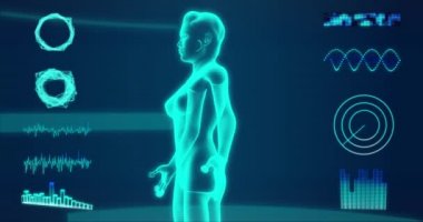 Mavi Hud arayüzü 3d render altında dönen bir kadın vücudunun fütüristik x-ray