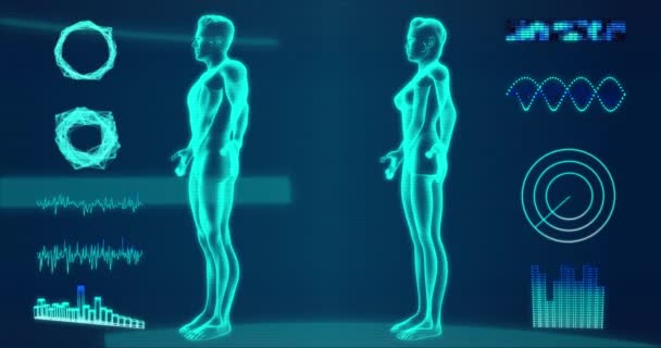 Raios Futuristas Homens Mulheres Corpos Girando Sob Uma Interface Azul — Vídeo de Stock